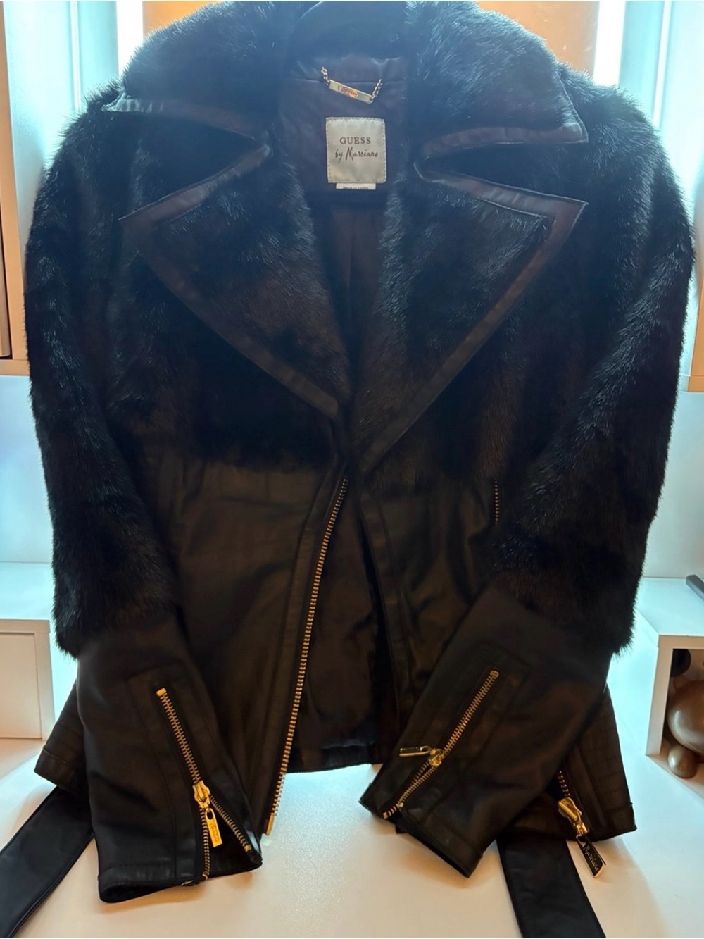 Guess by Marciano Black Faux-Fur Trim Leather Moto Jacket